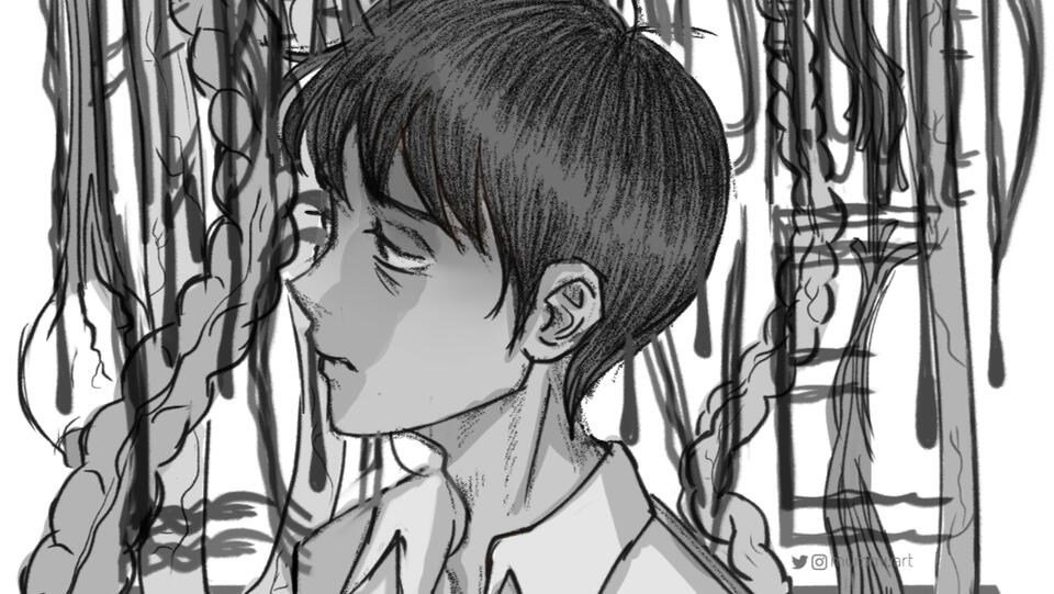 by Mummuart: Shinji Ikari looking dejected in greyscale while sunk chest deep in LCL fluid, there's guts around him